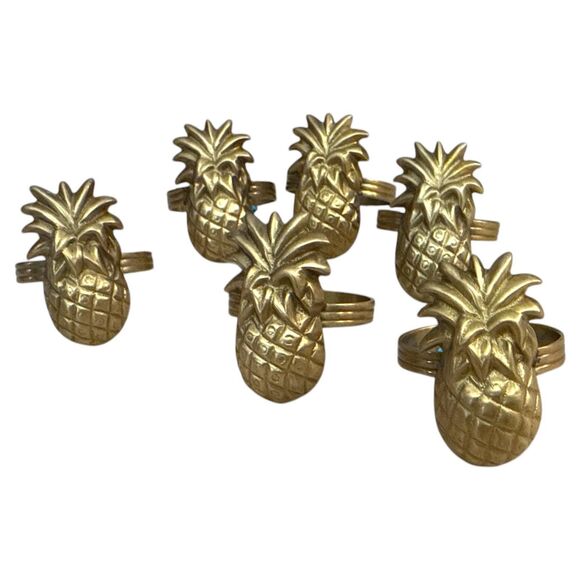 Vintage Brass Pineapple Napkin Rings - Set of 6 - Tropical Coastal Decor - Picture 2 of 7